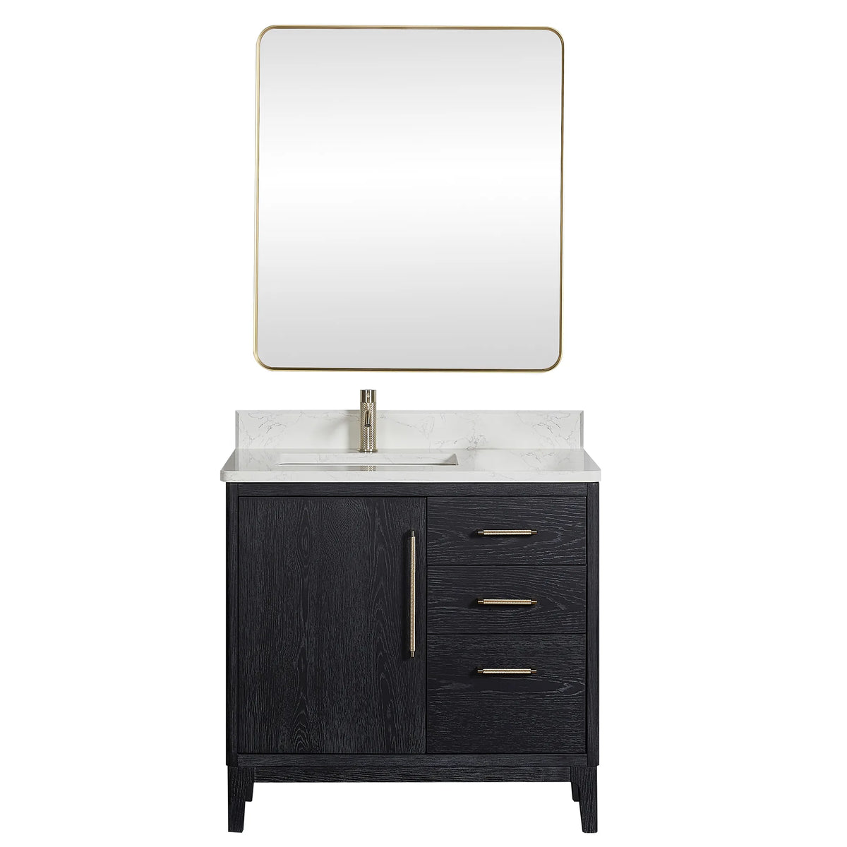 The matching rectangular wall mirror above the 36-inch Fir Wood Black single vanity, white studio shot