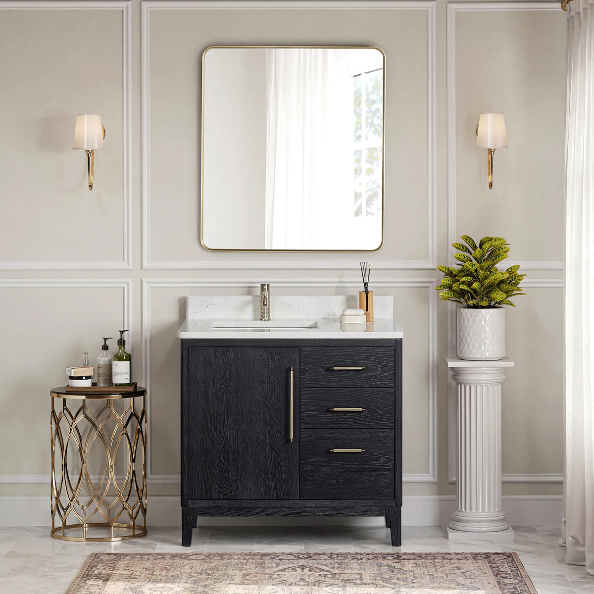 Lifestyle view, Fir Wood Black vanity with White Grain composite stone top; a bath with paneled walls and wall sconces