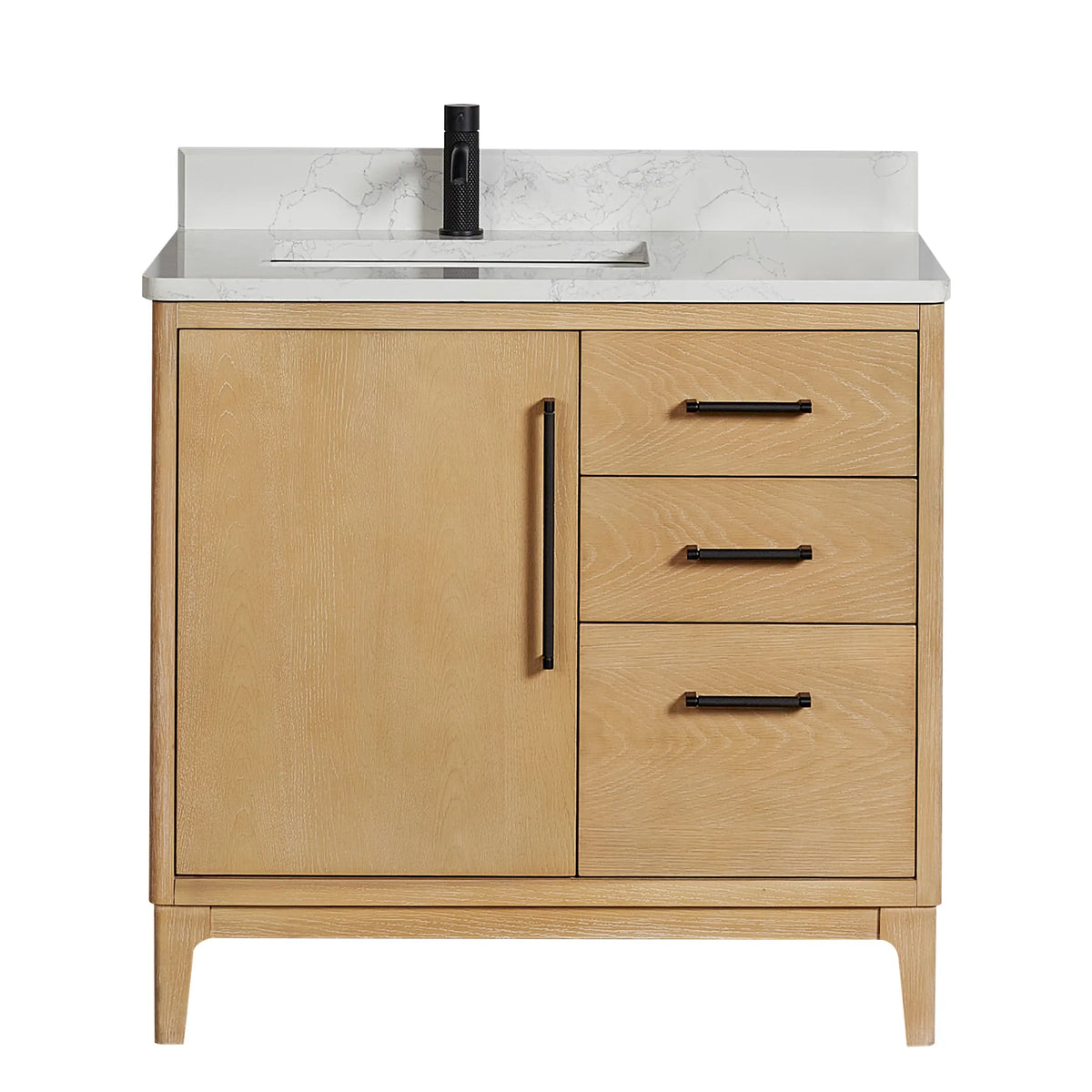 Natural Wood single bathroom vanity, 36-inch, with White Grain composite stone top, photographed head-on, no mirror