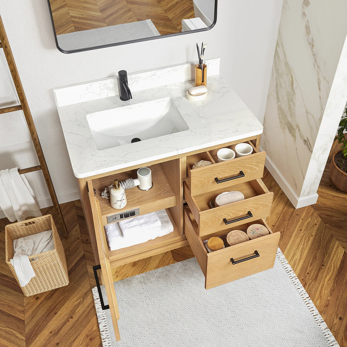 36-inch single vanity with its storage open, a bath with herringbone flooring