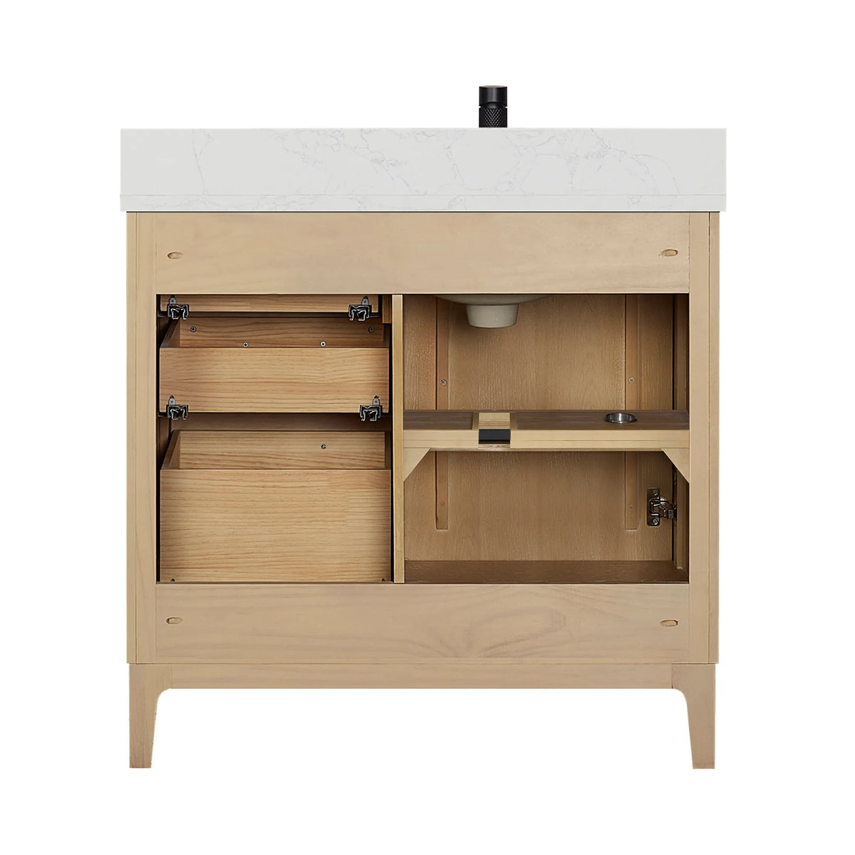 Interior of the Natural Wood vanity base seen from the back, white background