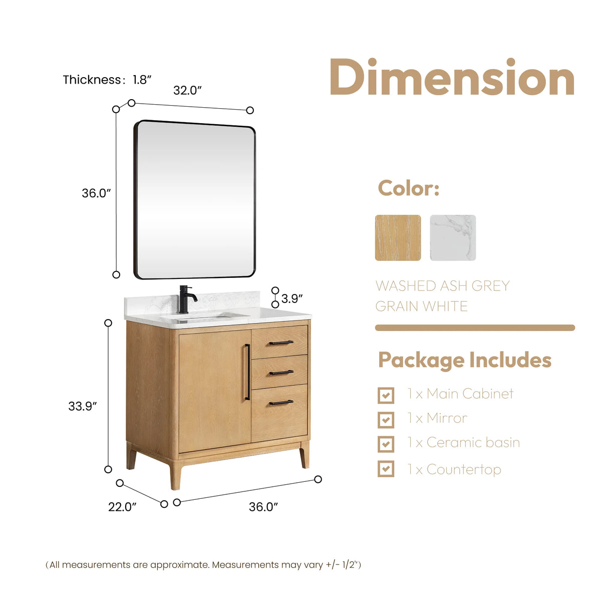 Size diagram of the 36-inch single vanity and its rectangular wall mirror