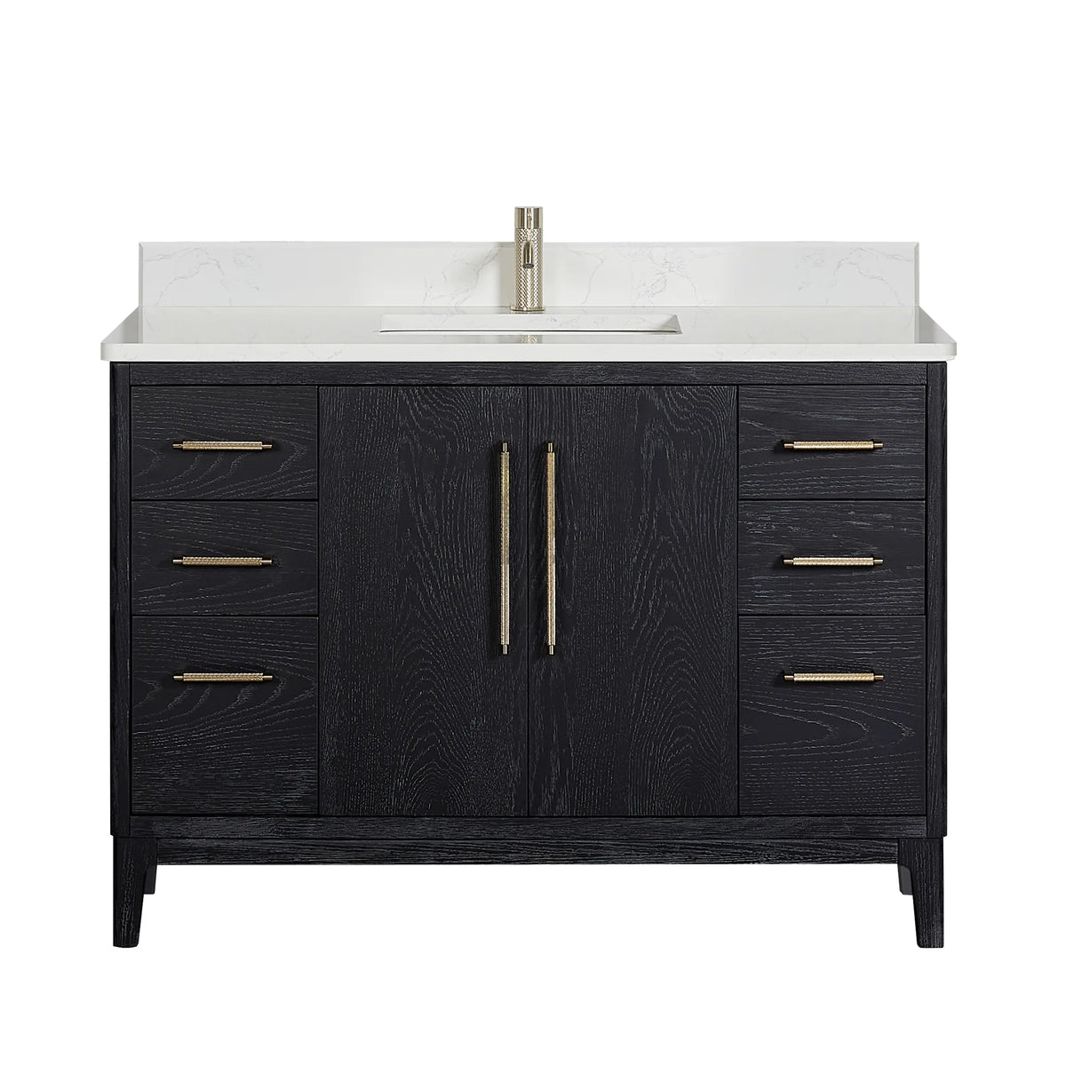 48-inch Fir Wood Black single bathroom vanity with White Grain composite stone top, studio front view