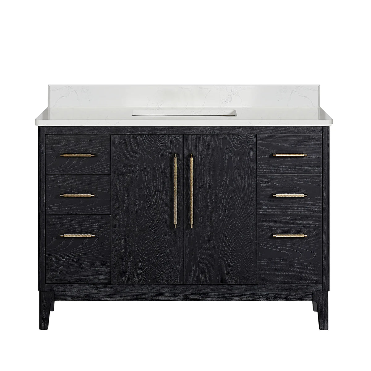 Head-on studio shot of the Fir Wood Black vanity with a faucet fitted, faucet not included