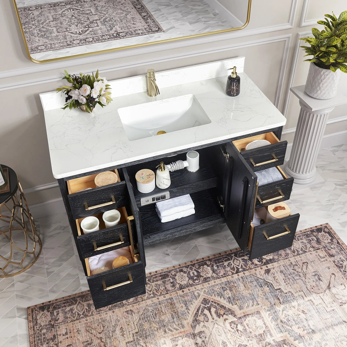 48-inch single vanity with its storage open, a bath with a patterned rug
