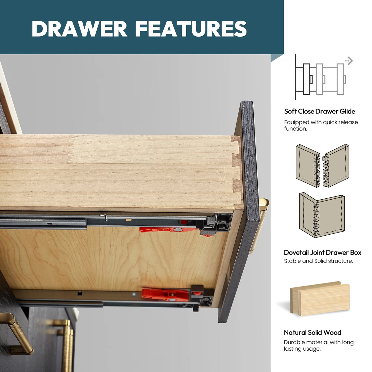 Drawer construction callouts: dovetail corners and soft-close slides