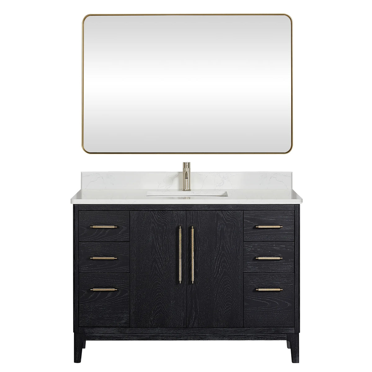 Fir Wood Black single vanity topped by a rectangular wall mirror, plain white background