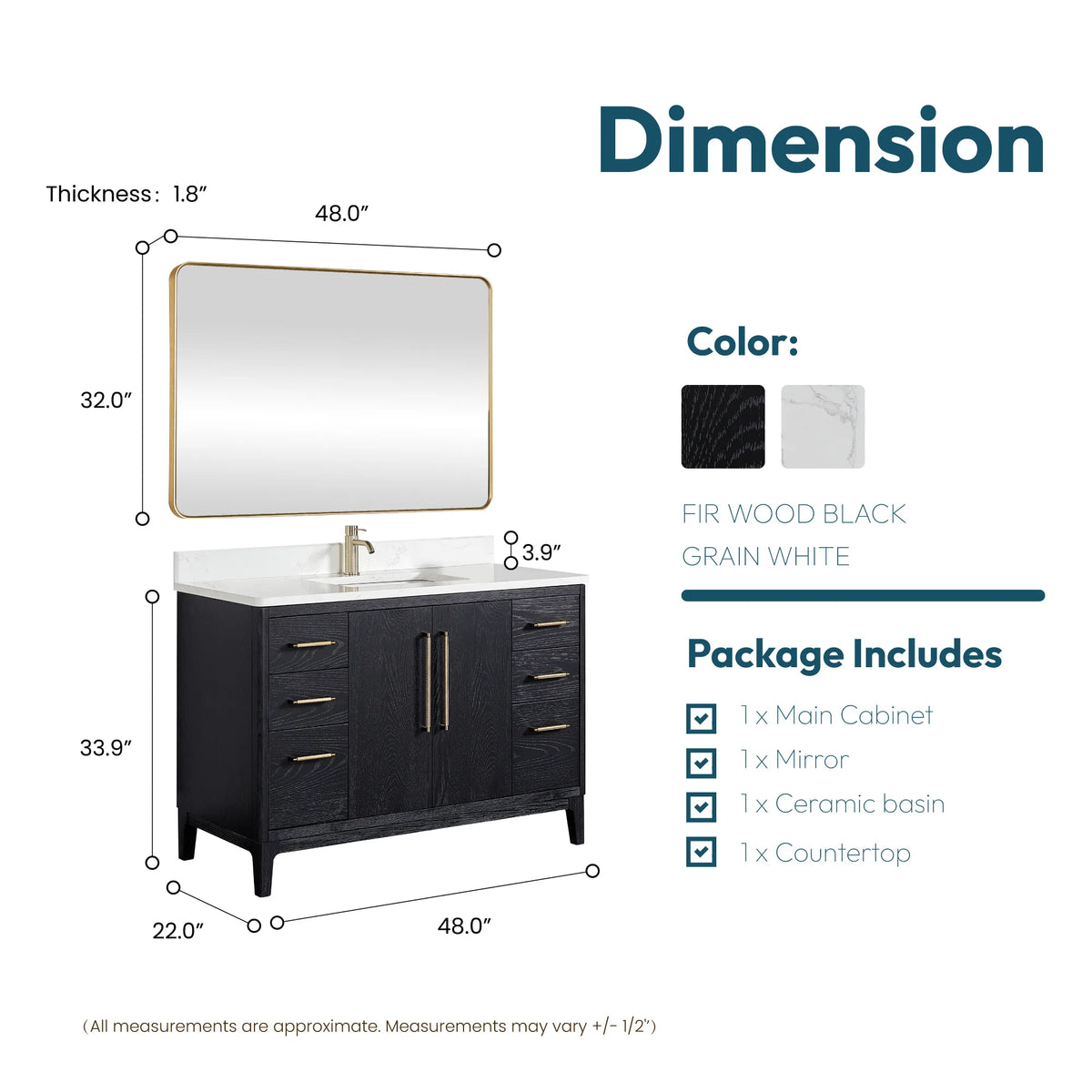 Size diagram of the 48-inch single vanity and its rectangular wall mirror