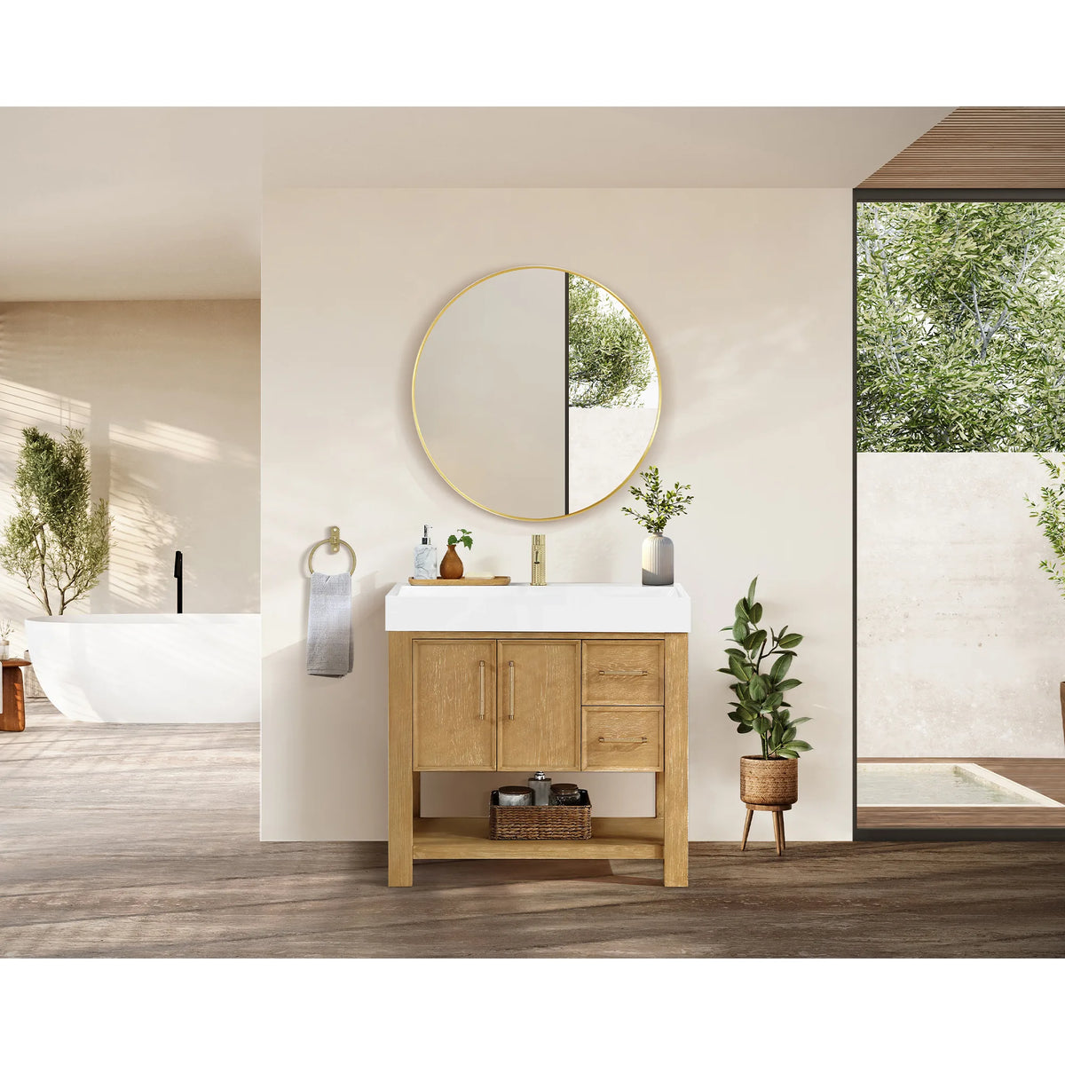 Open bathroom with warm walls: freestanding cabinet, circular mirror and greenery, 36-inch model