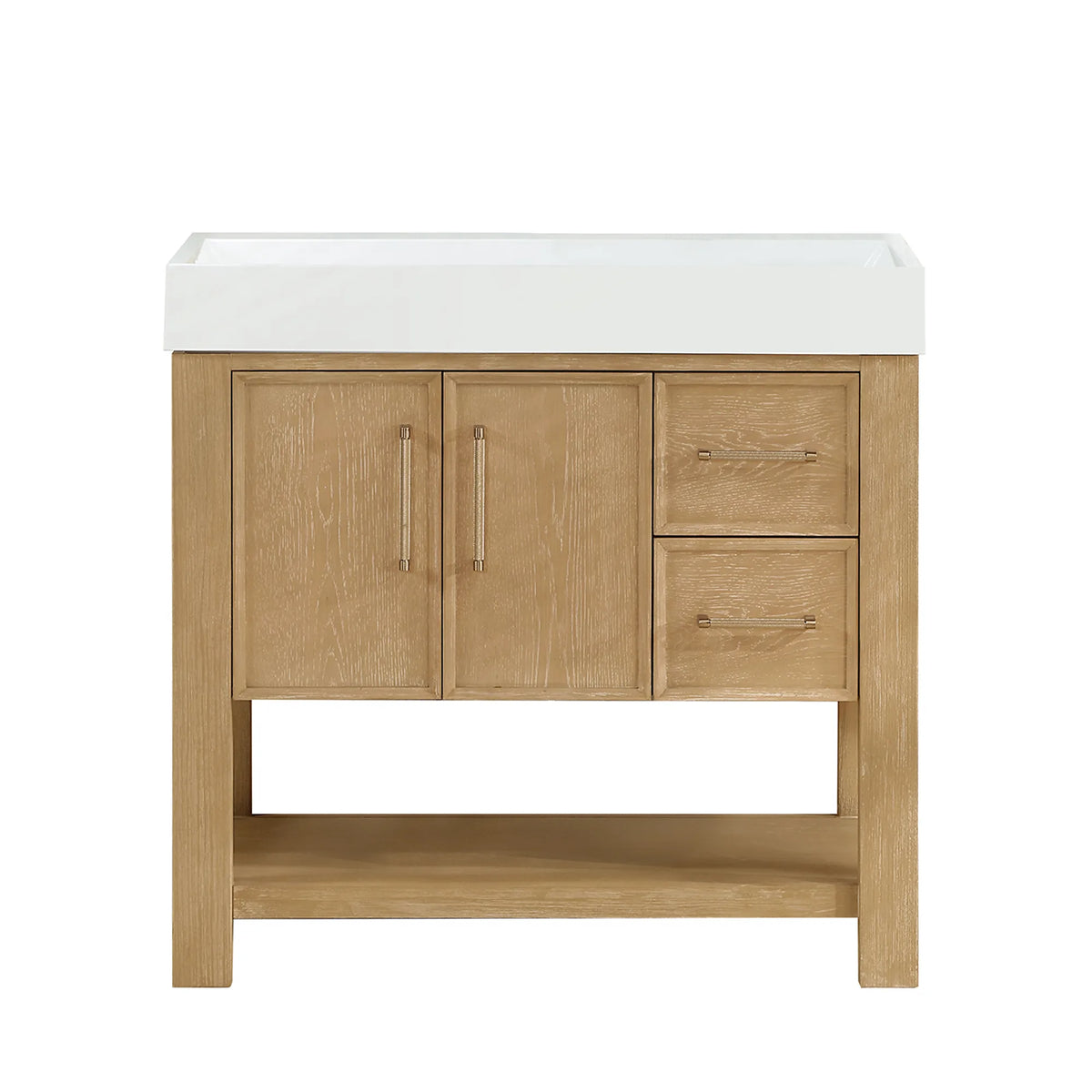 Front view of the freestanding 36-inch cabinet, brushed gold pulls, on white