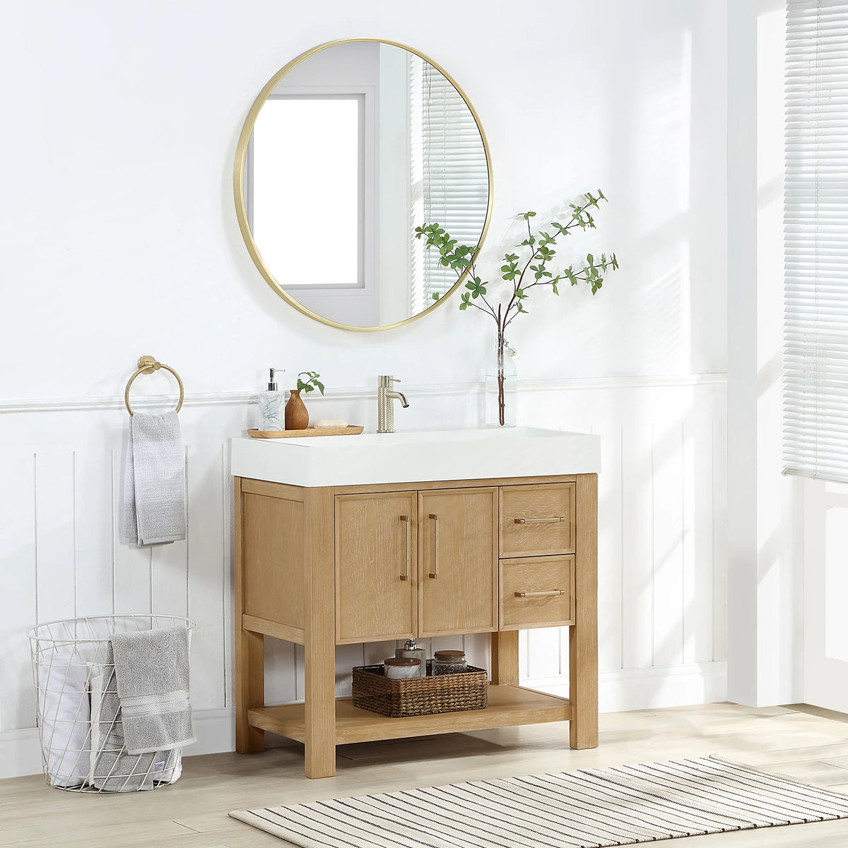 Side-on bathroom shot of the cabinet by a window with blinds, 36-inch model