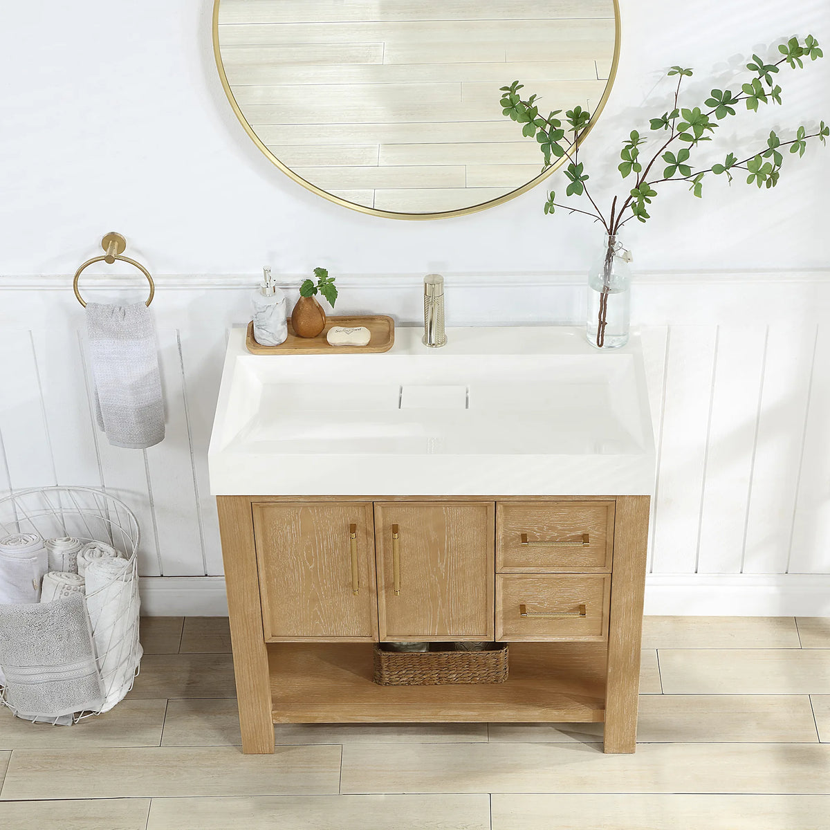 Closer look from above at the sink top and the doors and drawers beneath, 36-inch model