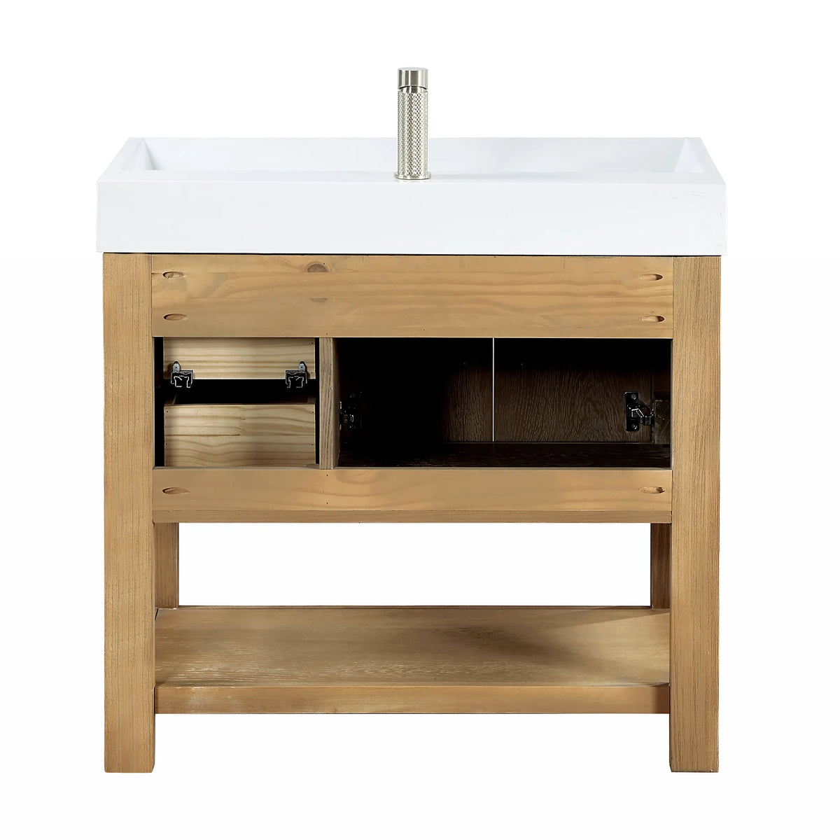 Rear view of the 36-inch cabinet, no back panel, drawer boxes showing