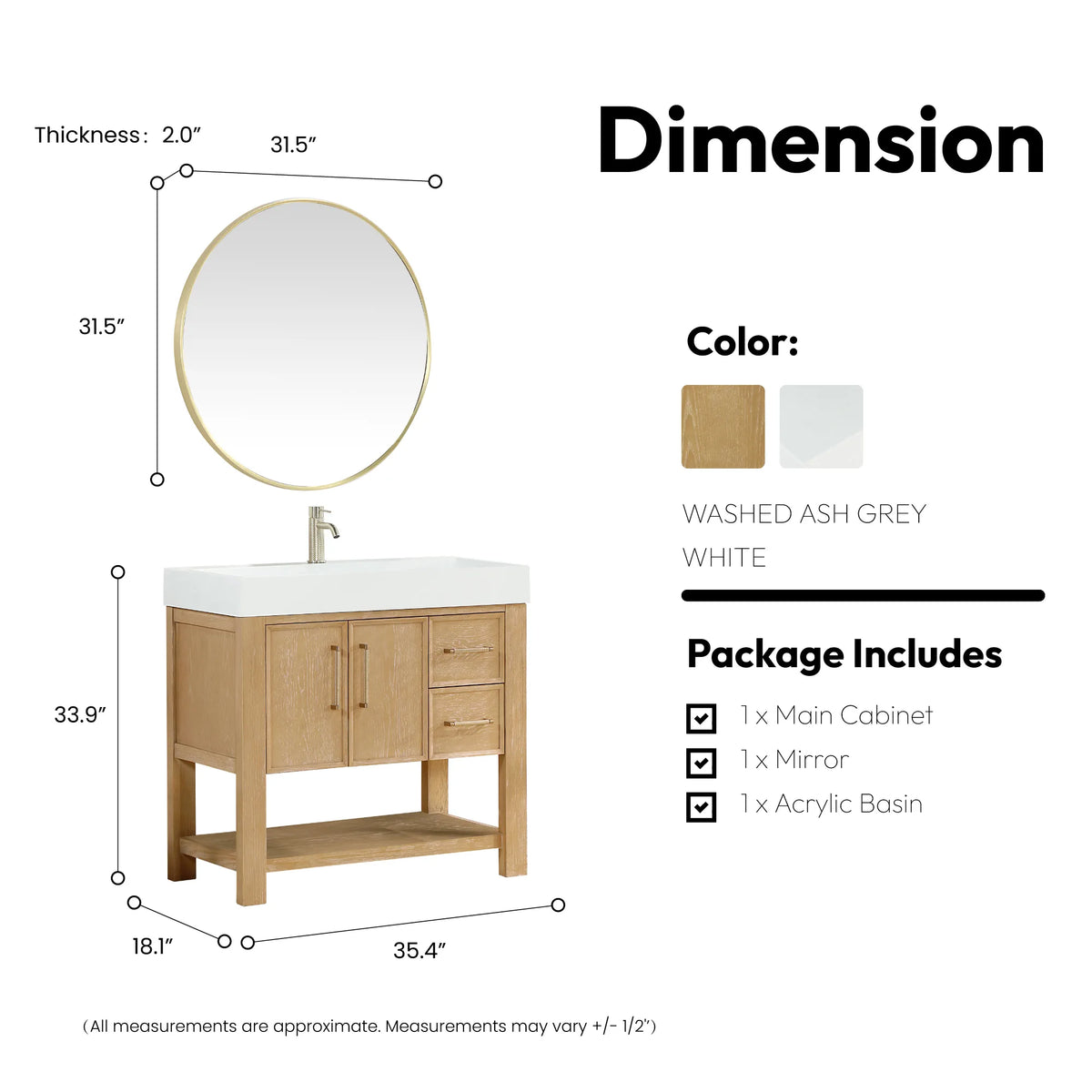 Measurement diagram of the vanity with its mirror, 18.1 deep by 33.9 tall