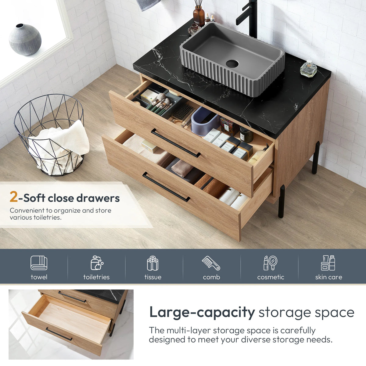 Large-capacity storage feature with two drawers that close softly