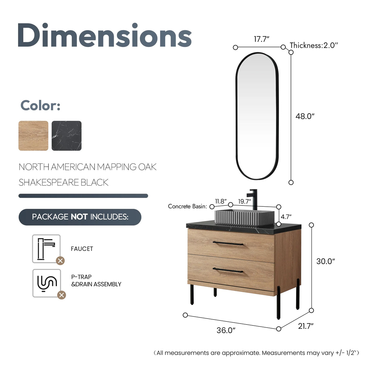 Size chart combining the vanity, oval mirror and basin; faucet and P-trap sold separately
