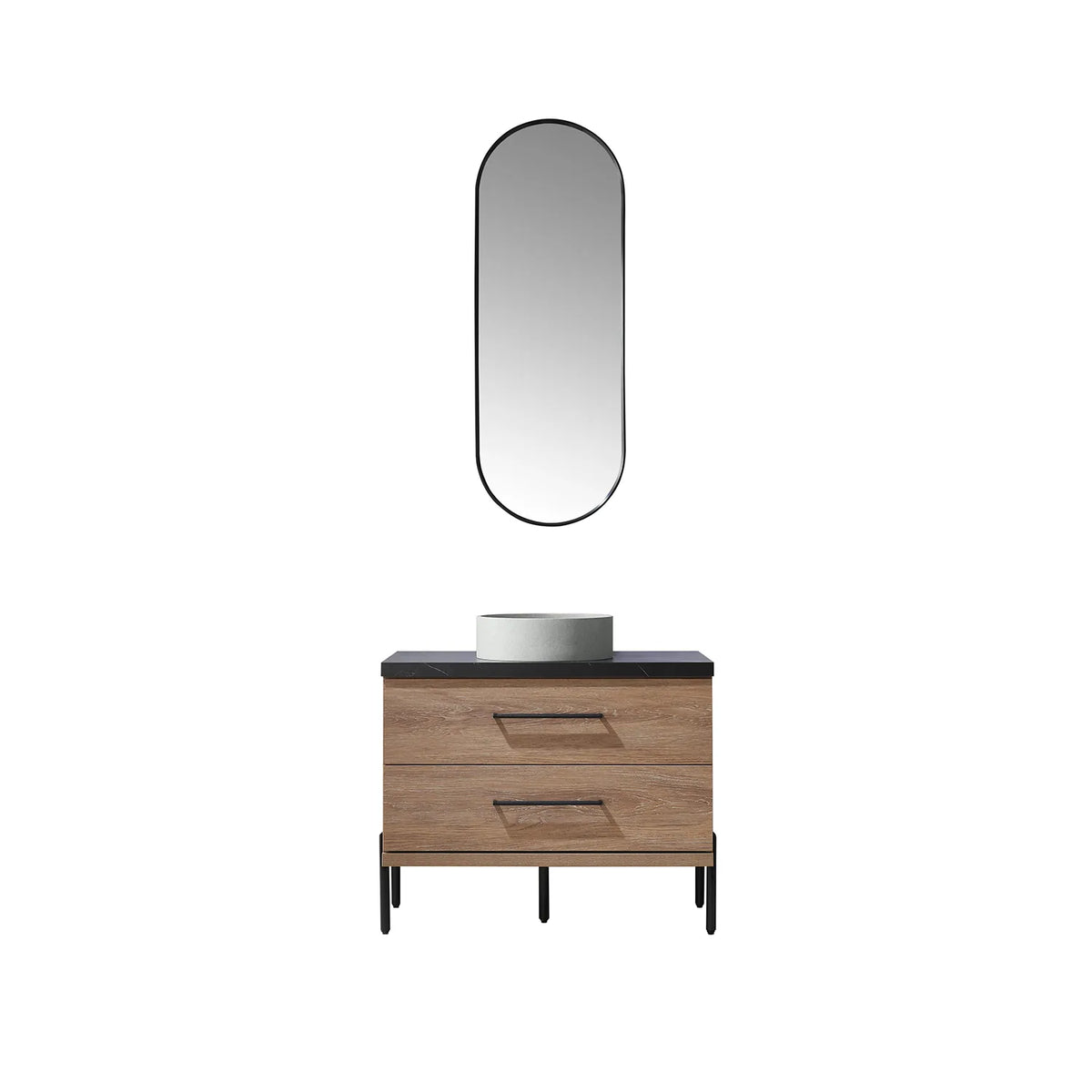 Oak cabinet with two drawers on matte black legs, shown under the oval mirror