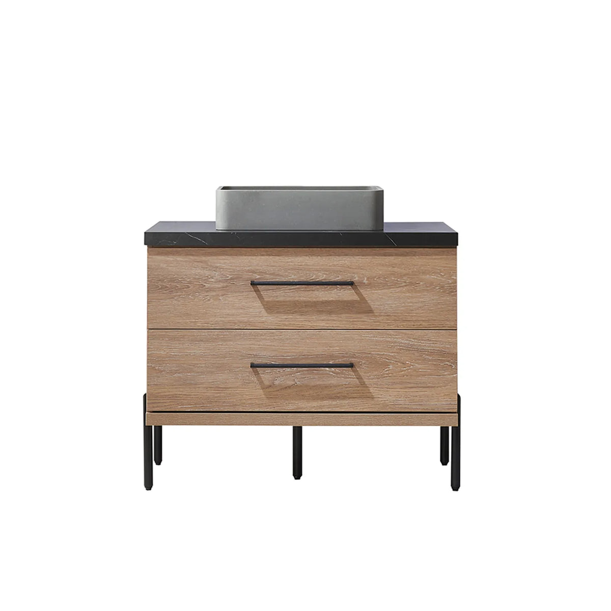 North American Oak 36 inch single bathroom vanity carrying a rectangular concrete vessel on a black sintered stone surface