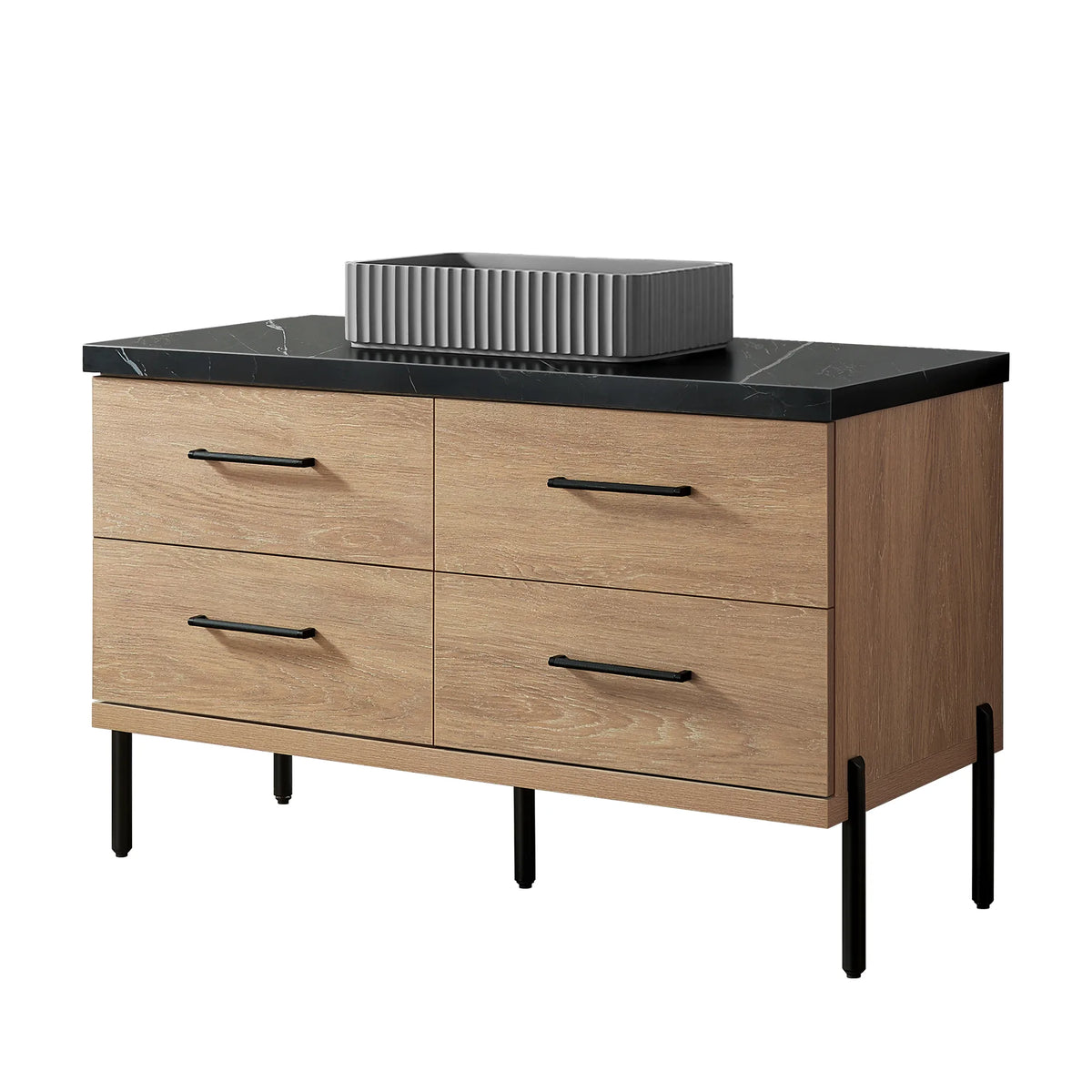 North American Oak 48 inch single bathroom vanity with a rectangular ribbed concrete vessel set on black stone
