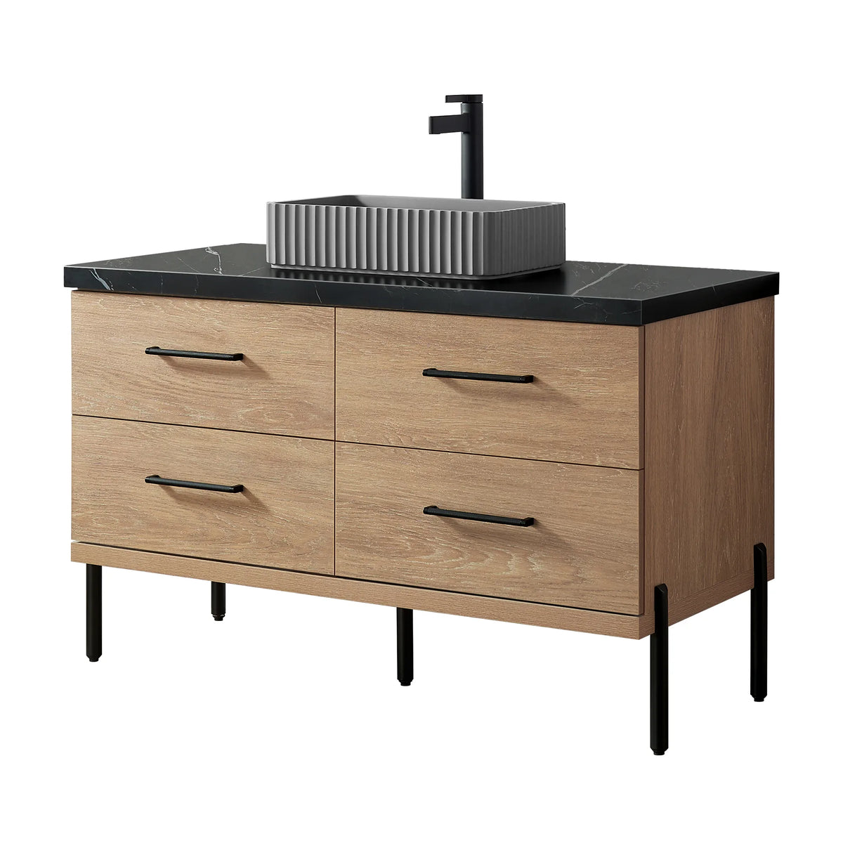 Black faucet on the stone top, vanity shown front-on against white, sold separately