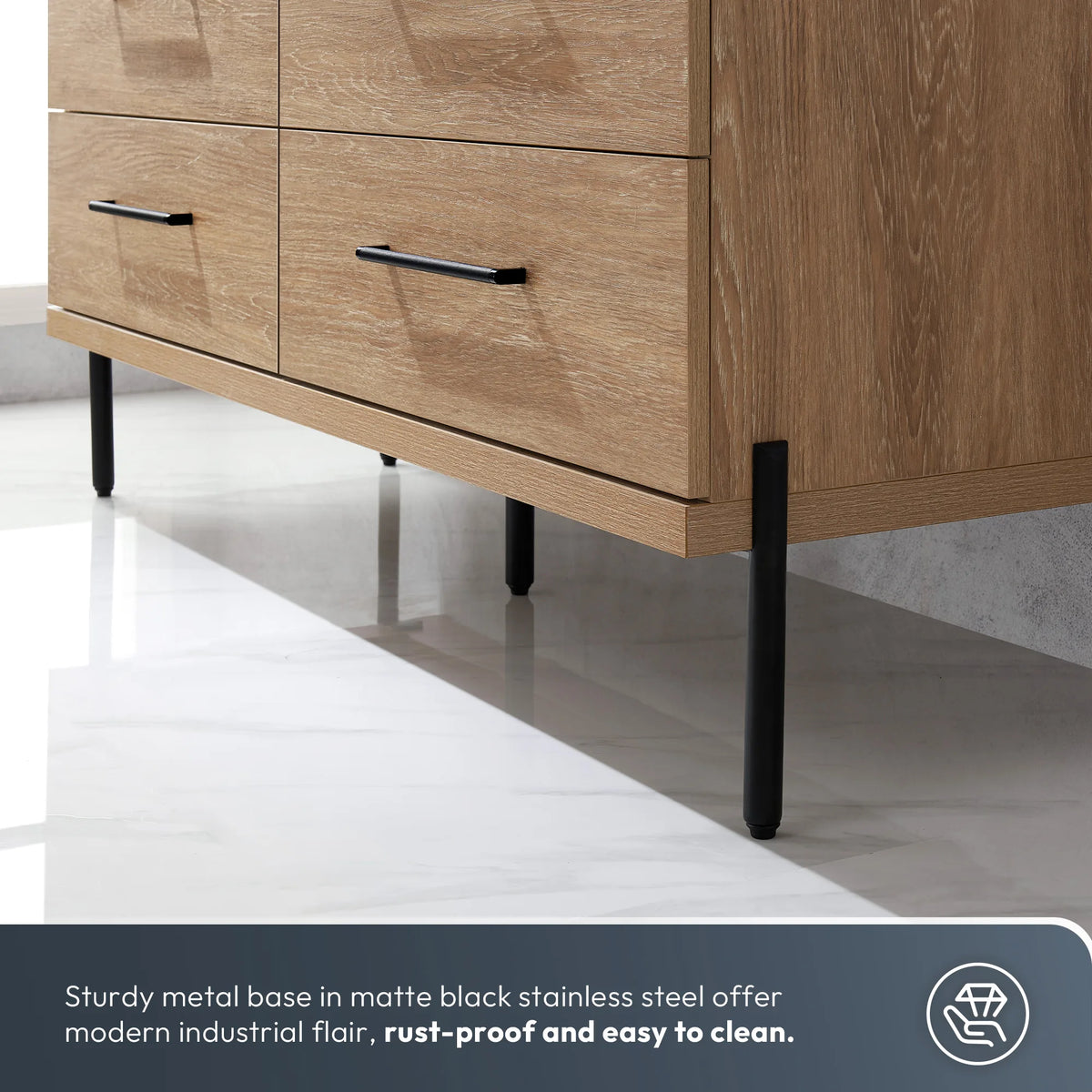 Panel on the slim black posts that carry the cabinet