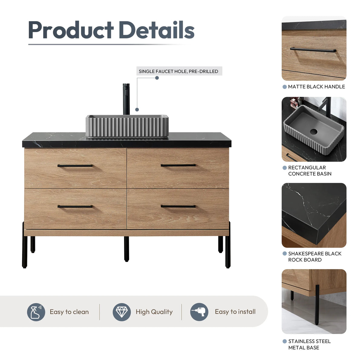 Annotated sheet pointing out the single faucet hole, bar pull, vessel basin and black stone