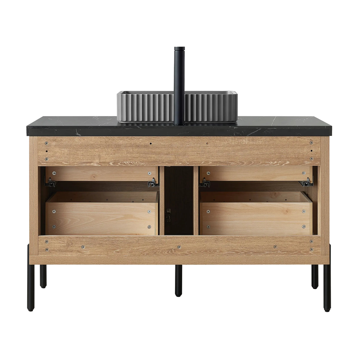Cabinet interior on white, drawer boxes in place and the back left open