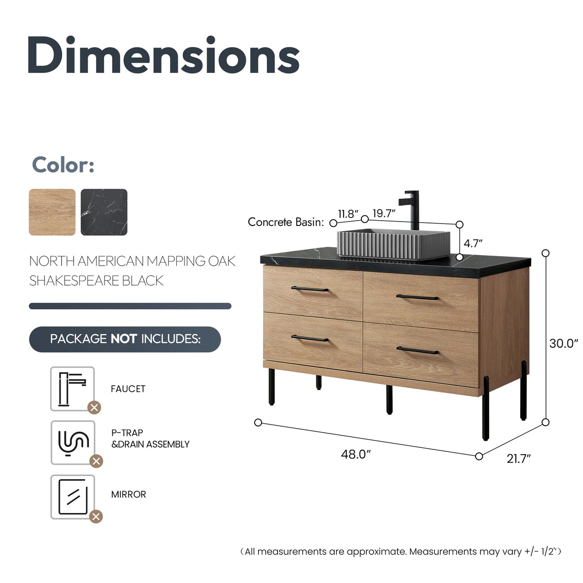 Technical sketch of the 48 inch cabinet: width, depth and height called out along each edge