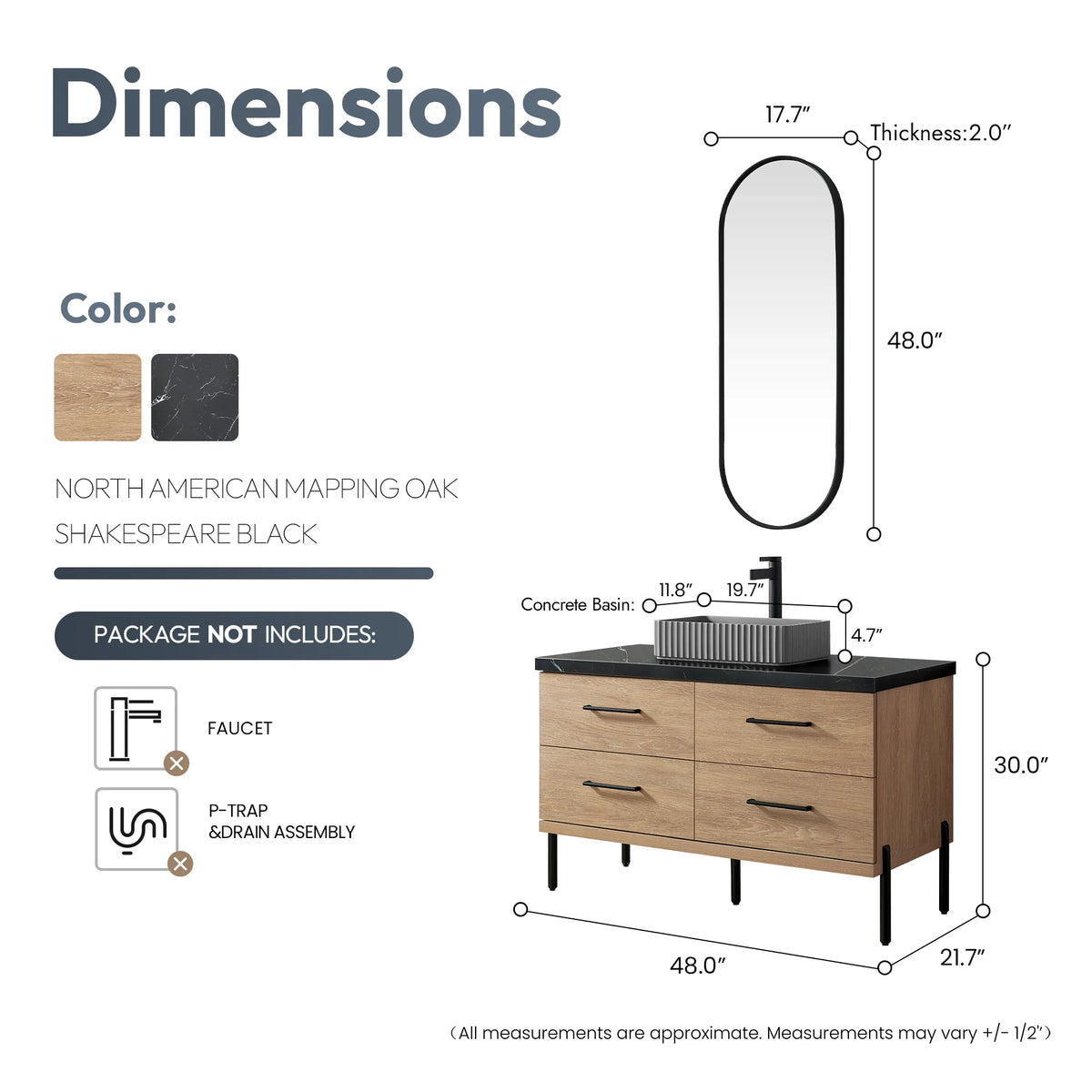 Size chart combining the vanity, oval mirror and basin; faucet and P-trap sold separately