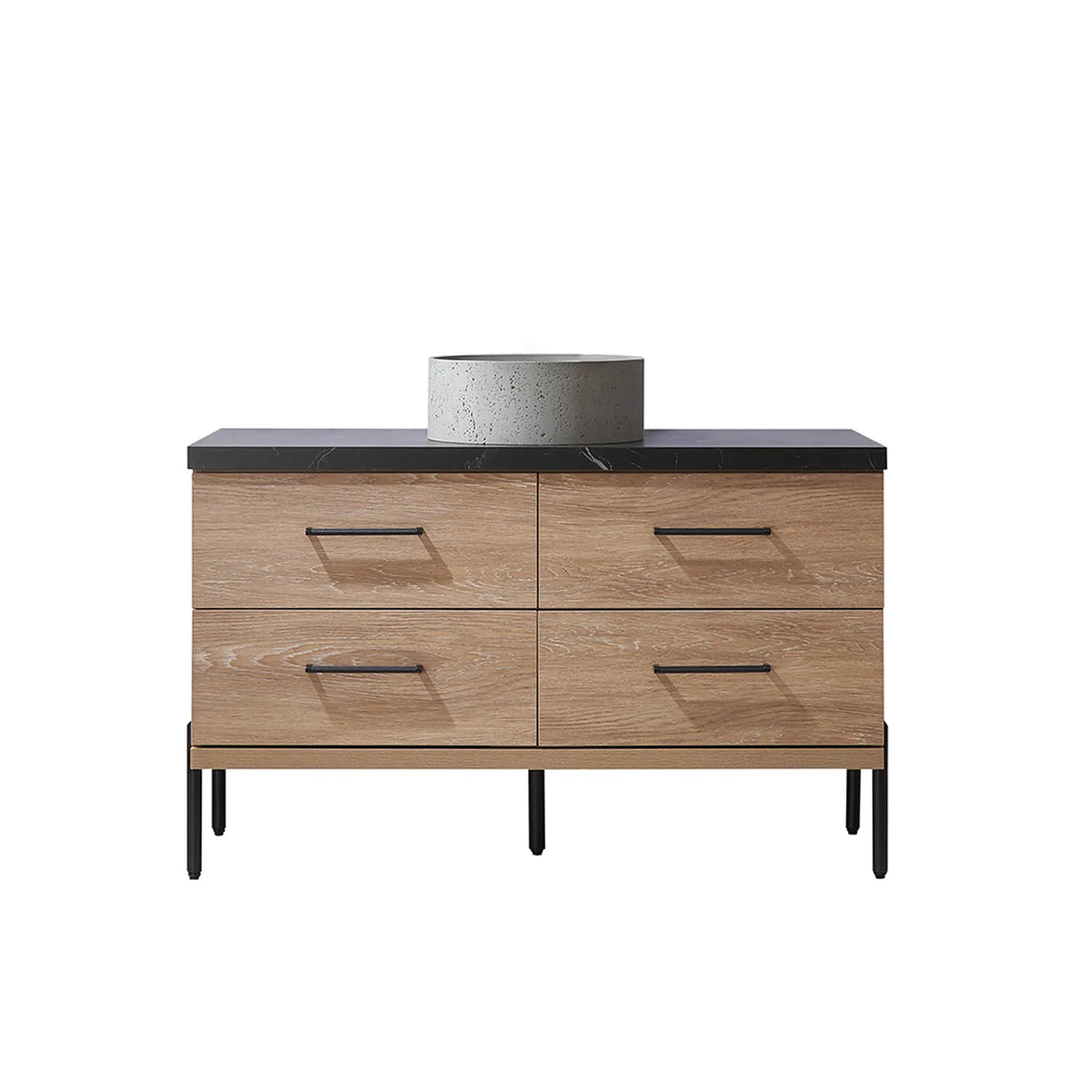 North American Oak 48 inch single bathroom vanity carrying a circular concrete vessel on a black sintered stone surface