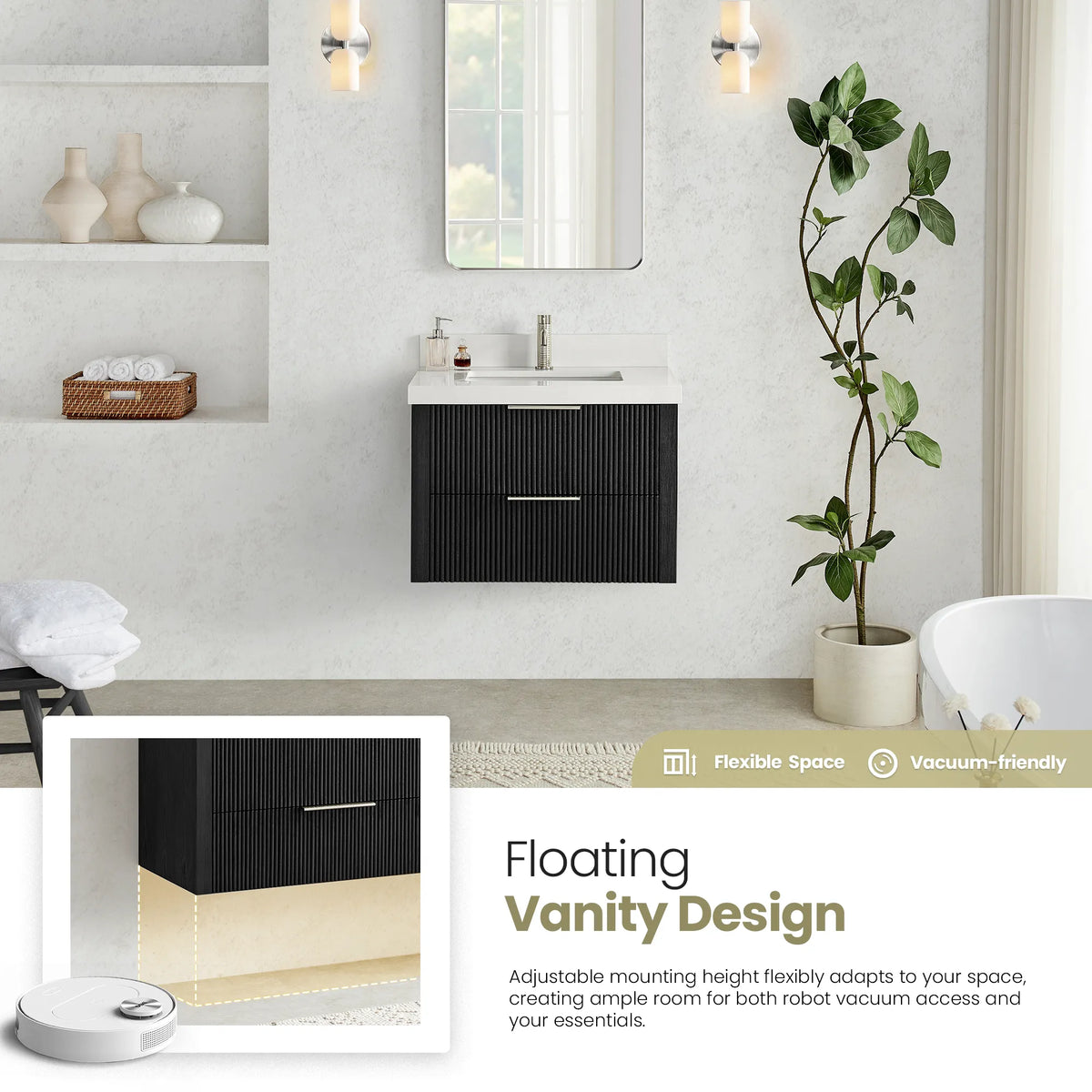Floating 30 inch Oak Weathered Black single vanity with an inset of the clear floor space below and a robot vacuum