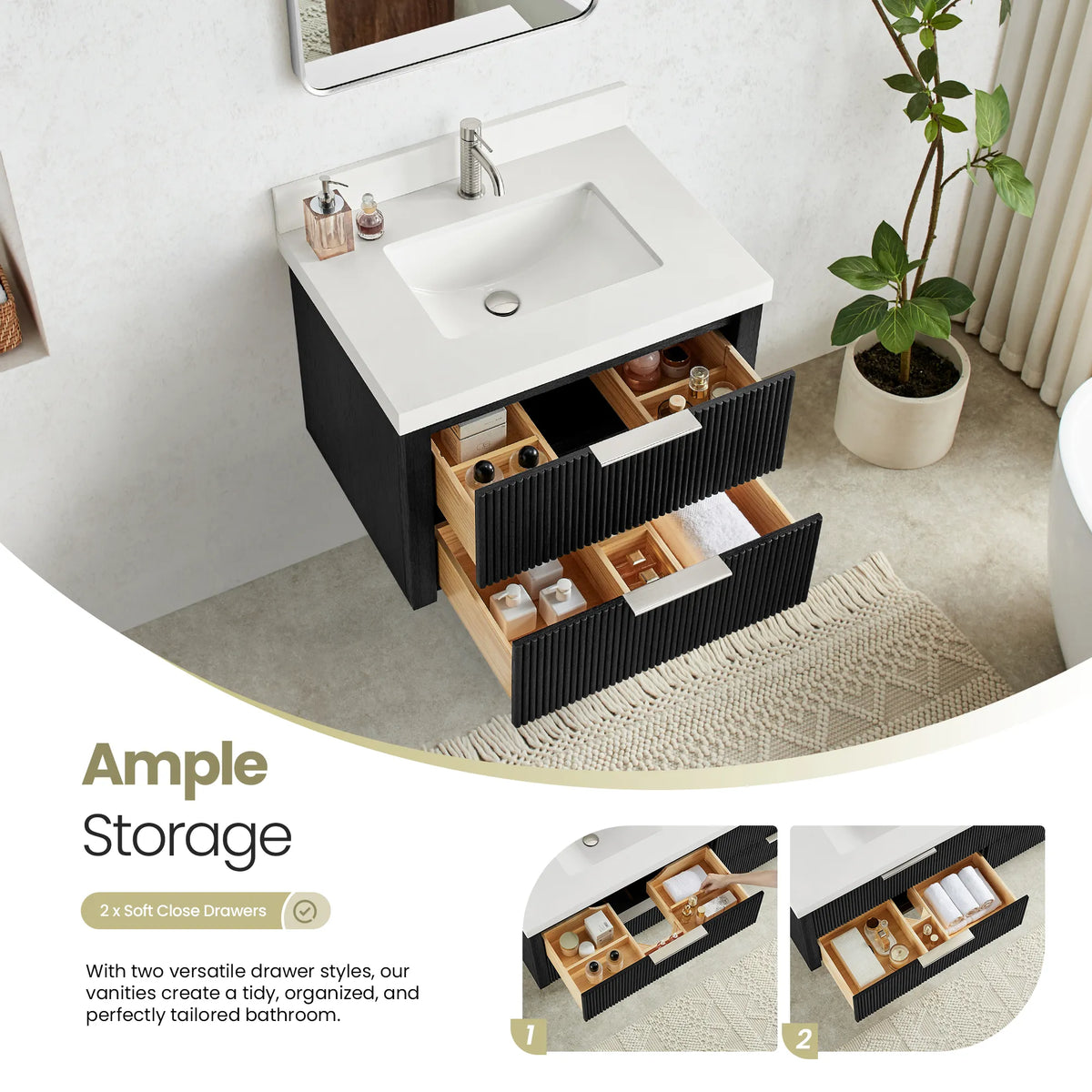 Drawers extended on the Oak Weathered Black vanity showing partitioned storage, with two close-up insets
