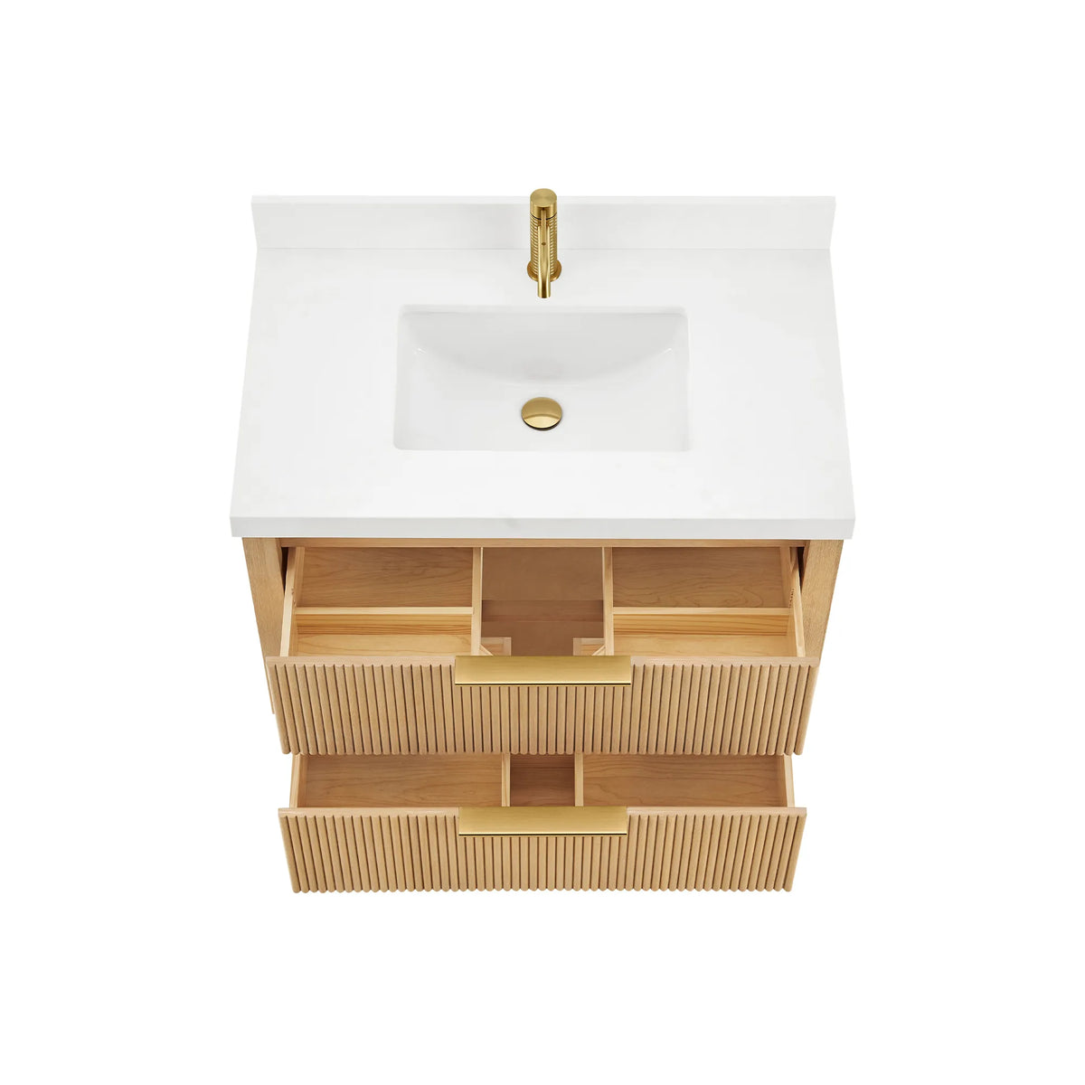 Drawers pulled out on the Washed Ash Grey vanity, showing built-in compartments inside