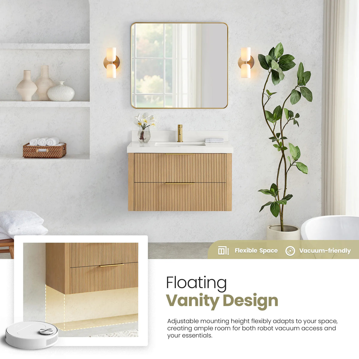 Floating 36 inch Washed Ash Grey single vanity with an inset of the clear floor space below and a robot vacuum