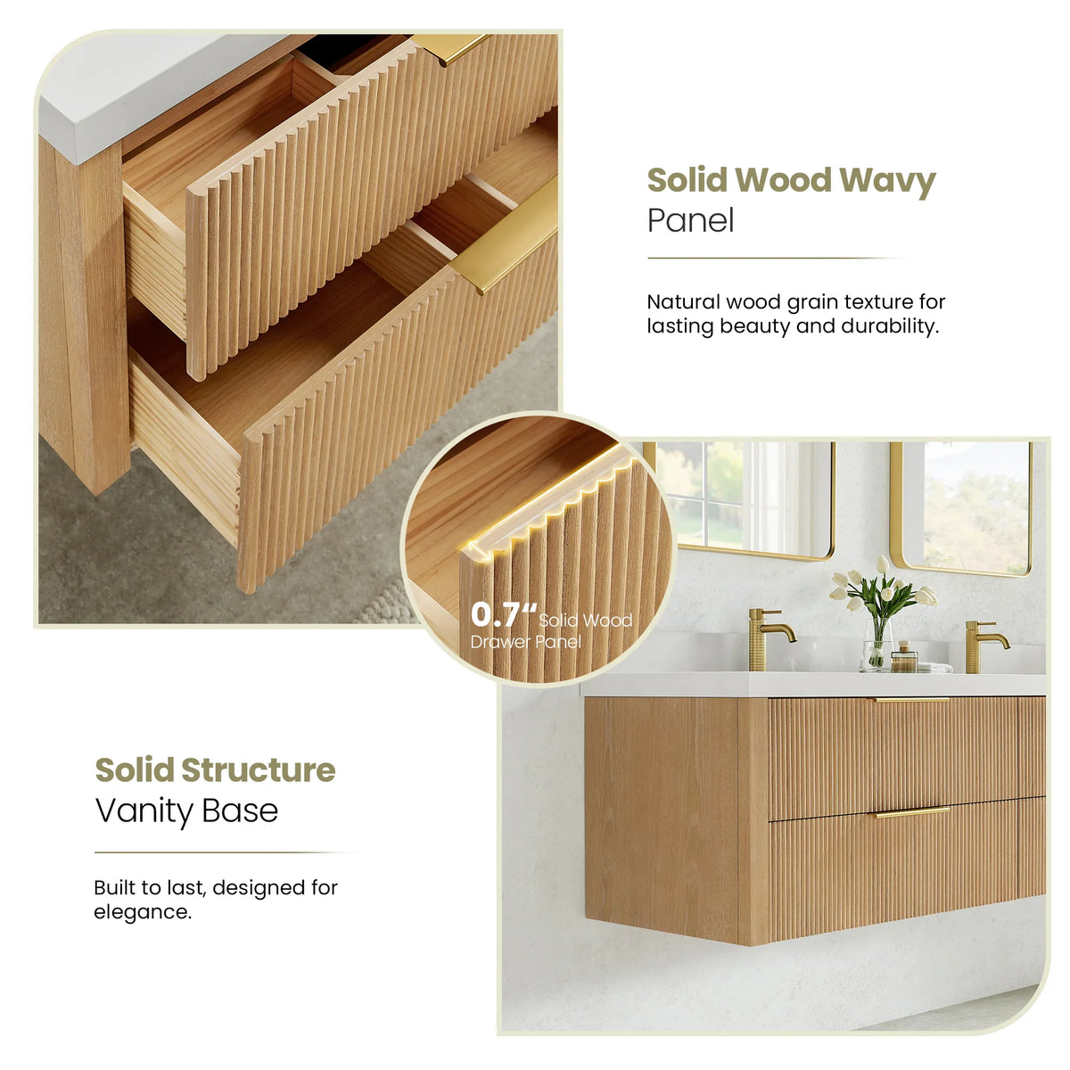 Fluted drawer panel detail with a magnified view of the wood profile, plus a side view of the vanity