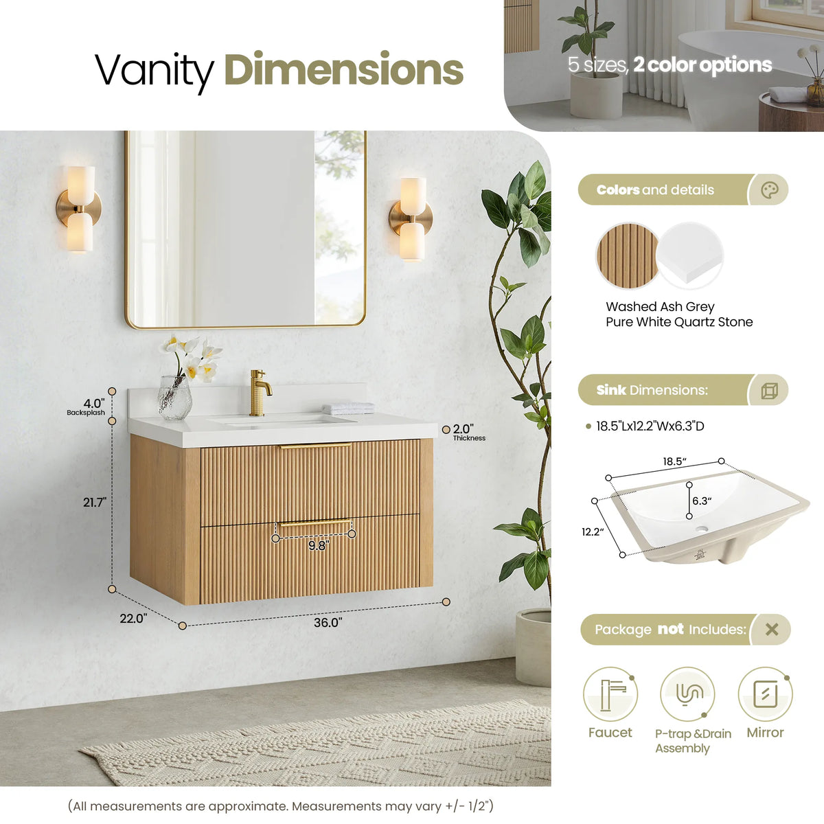 Size diagram for the Washed Ash Grey vanity listing 36.0 inch width, 22.0 depth and 21.7 height