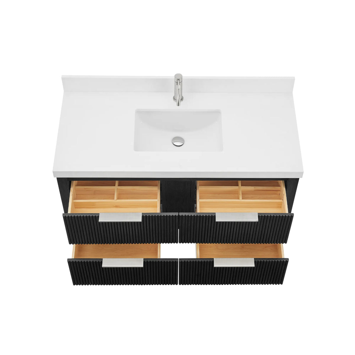 Drawers pulled out on the Oak Weathered Black vanity, showing built-in compartments inside