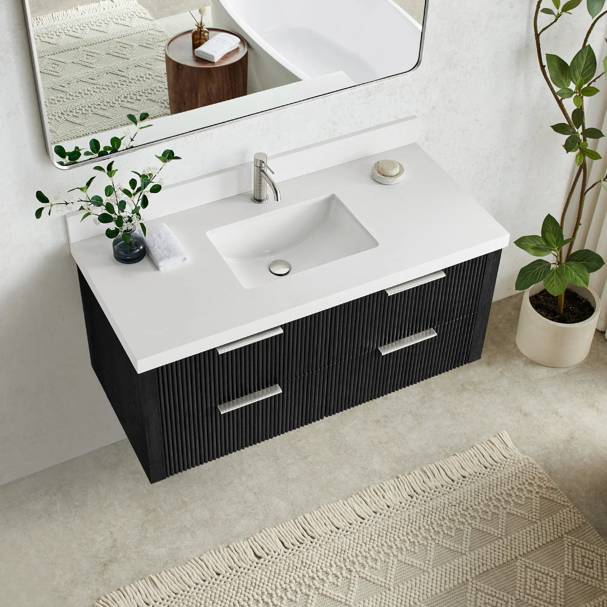 Overhead angle looking down at the quartz top, basin and Oak Weathered Black drawer fronts