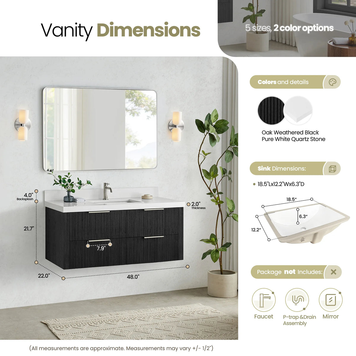 Size diagram for the Oak Weathered Black vanity listing 48.0 inch width, 22.0 depth and 21.7 height