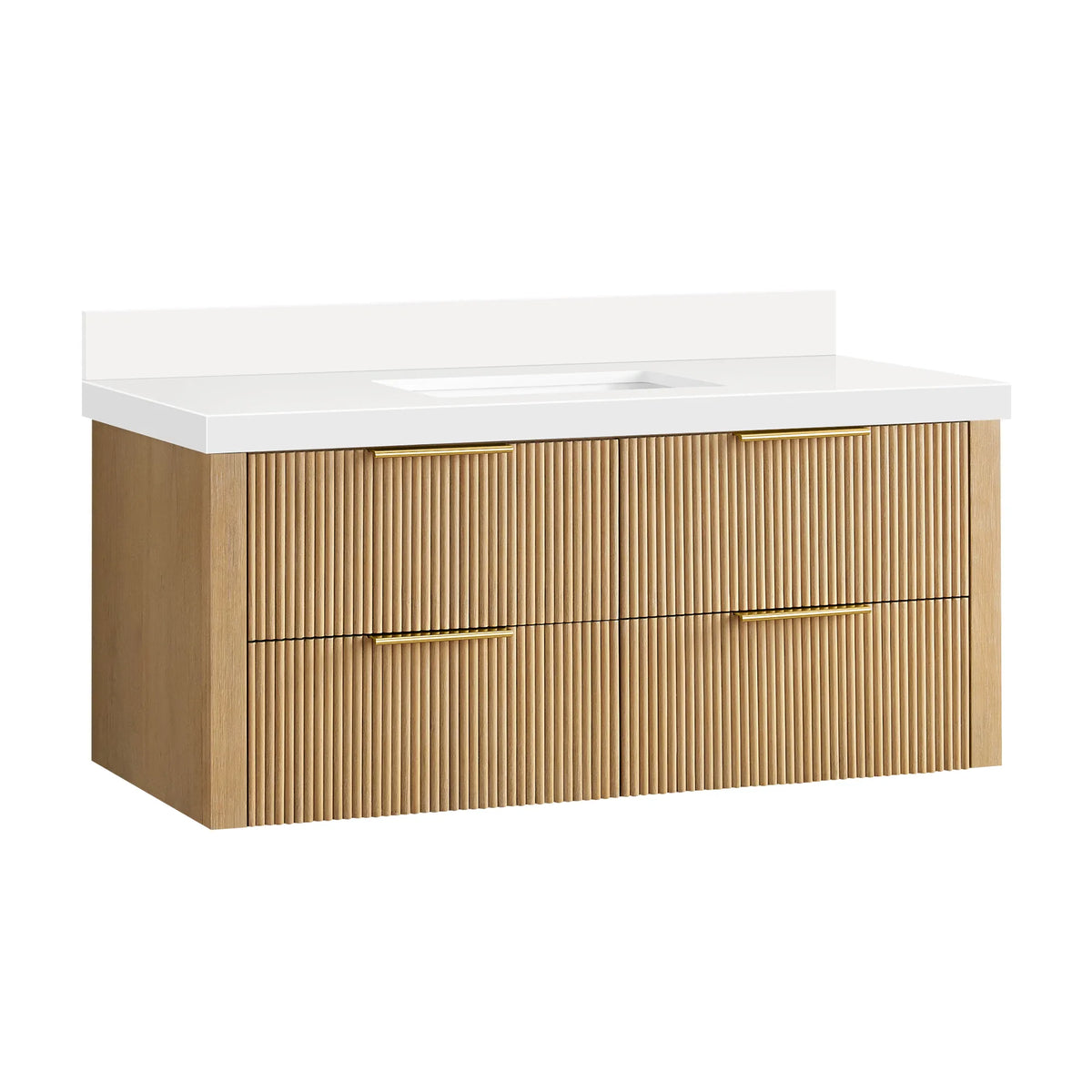 Wall-mounted Washed Ash Grey 48 inch single bathroom vanity, four corrugated drawers and brushed gold handles