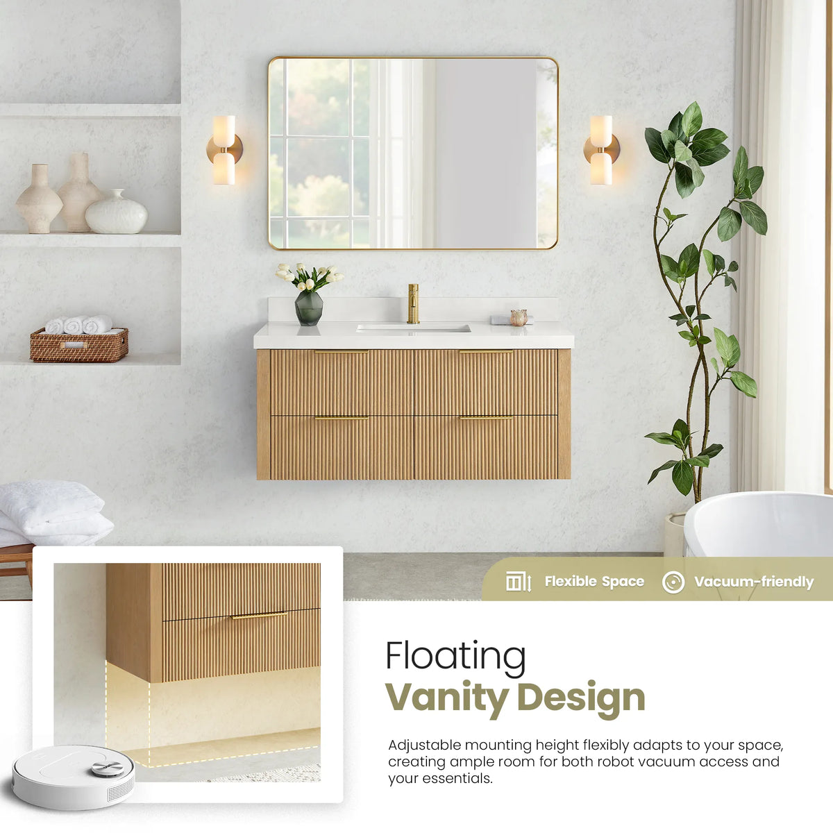 Floating 48 inch Washed Ash Grey single vanity with an inset of the clear floor space below and a robot vacuum