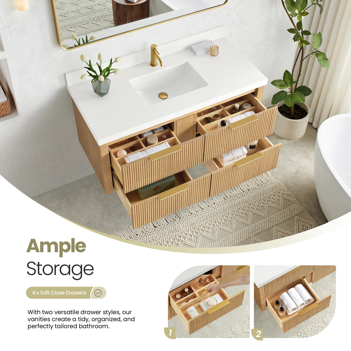 Drawers extended on the Washed Ash Grey vanity showing partitioned storage, with two close-up insets