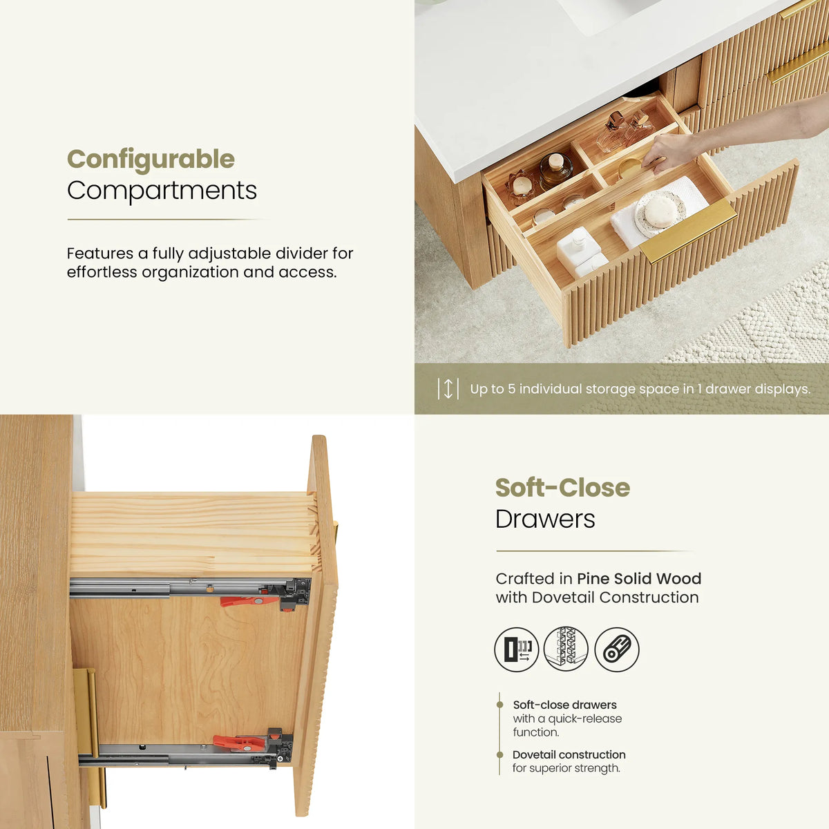 Open drawer with partition storage on the Washed Ash Grey vanity, beside a side view of a soft-closing dovetail drawer