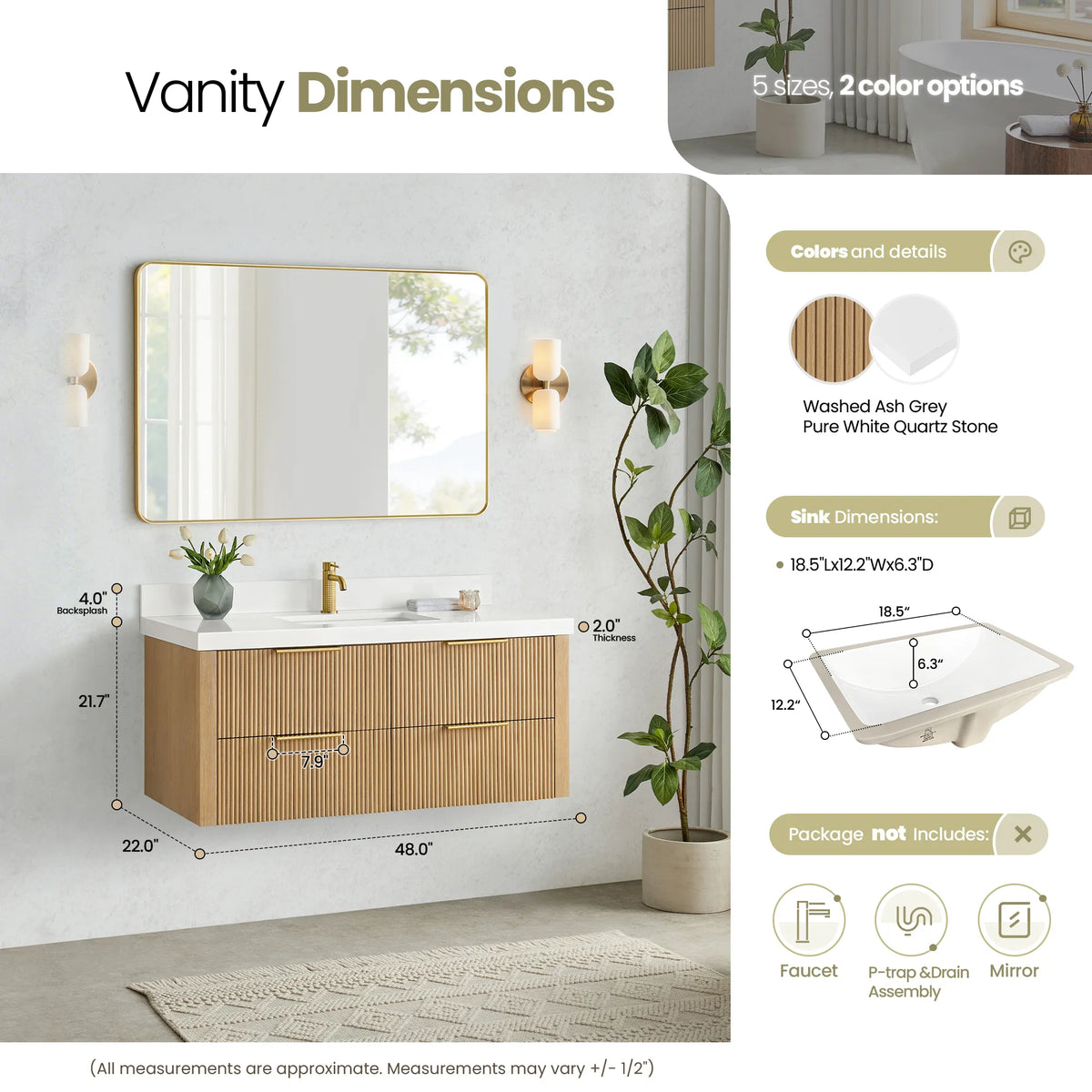 Size diagram for the Washed Ash Grey vanity listing 48.0 inch width, 22.0 depth and 21.7 height