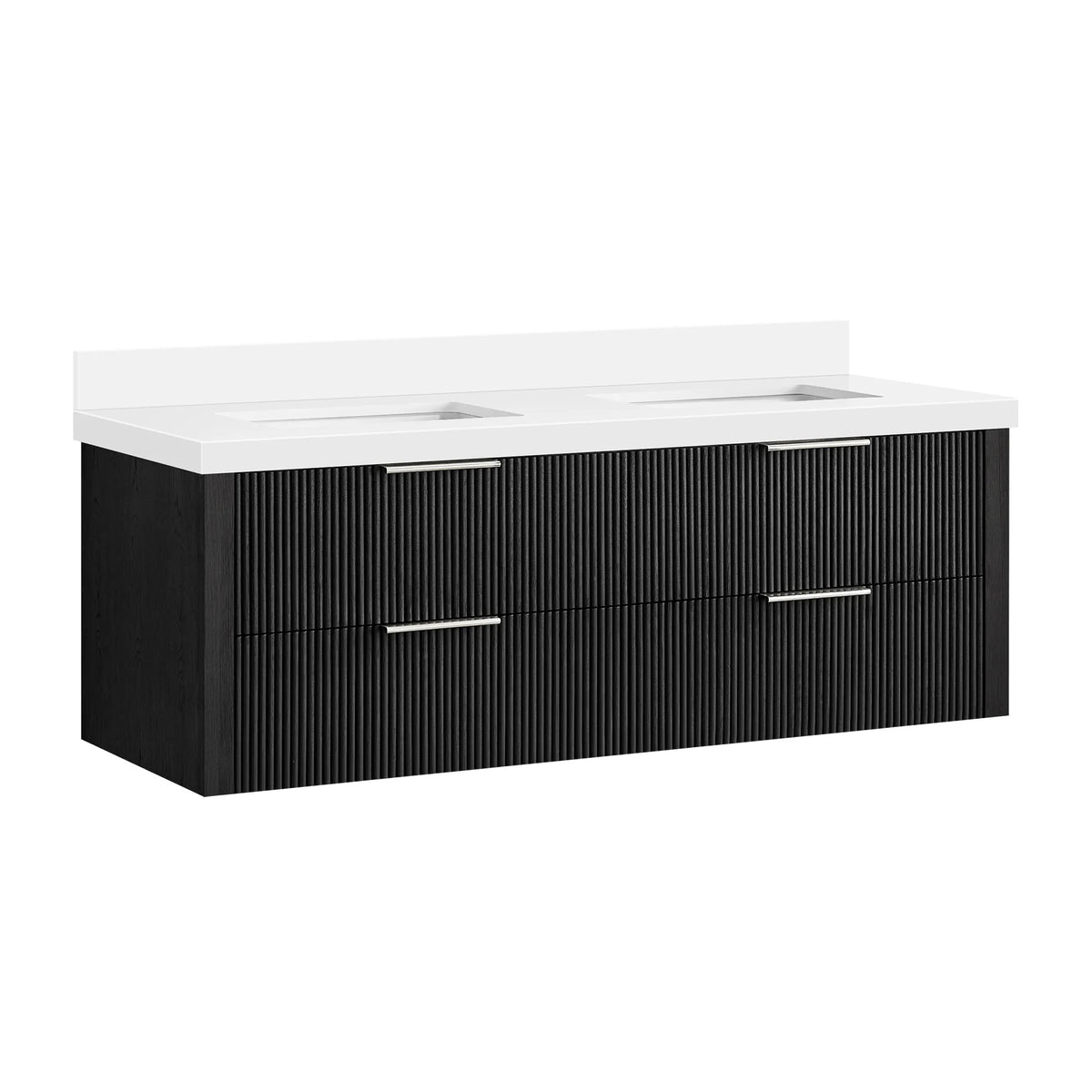Wall-mounted Oak Weathered Black 60 inch double bathroom vanity, four corrugated drawers and brushed nickel handles