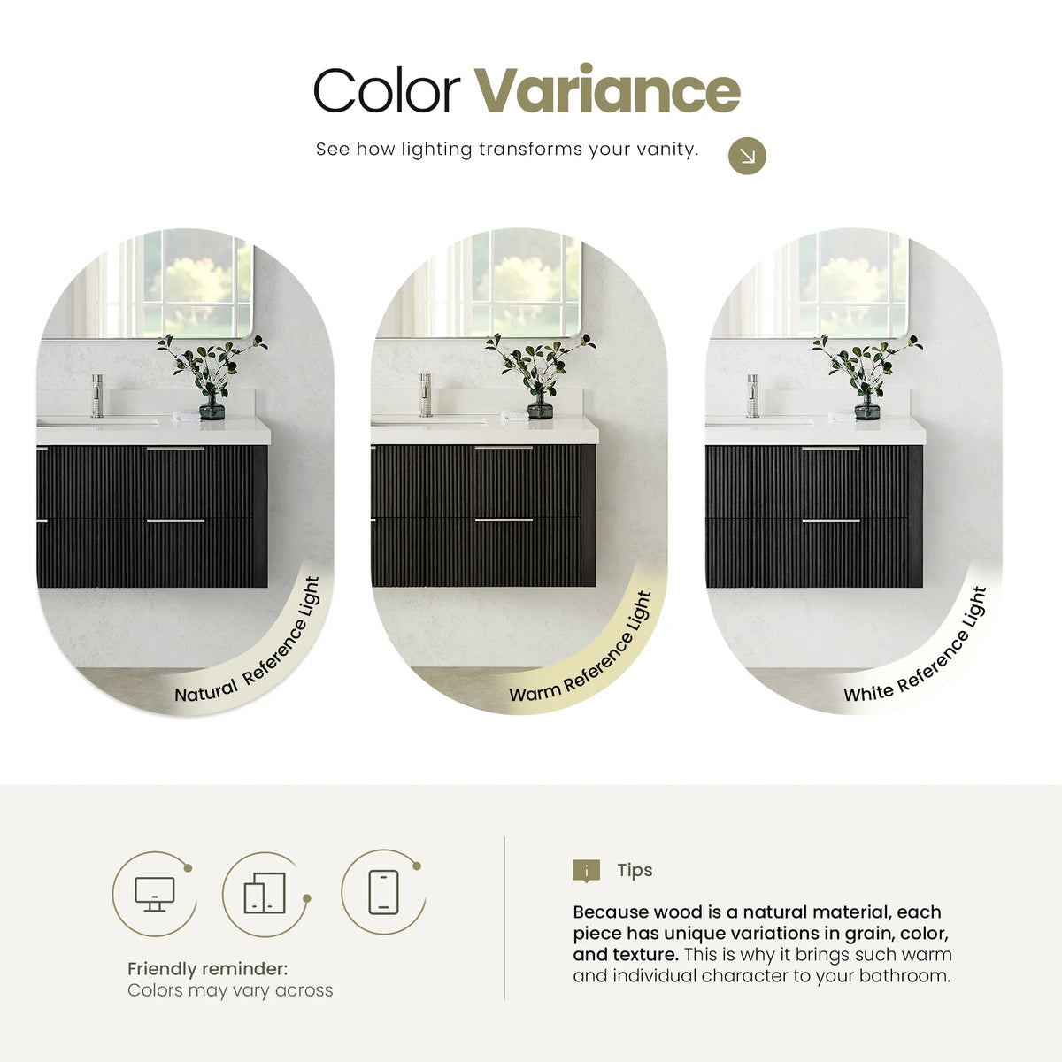 Tip card that wood color varies, with the Oak Weathered Black wall-mounted vanity in natural, warm and white reference light