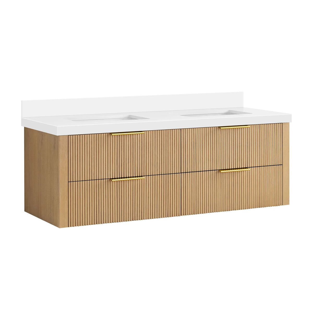 Wall-mounted Washed Ash Grey 60 inch double bathroom vanity, four corrugated drawers and brushed gold handles