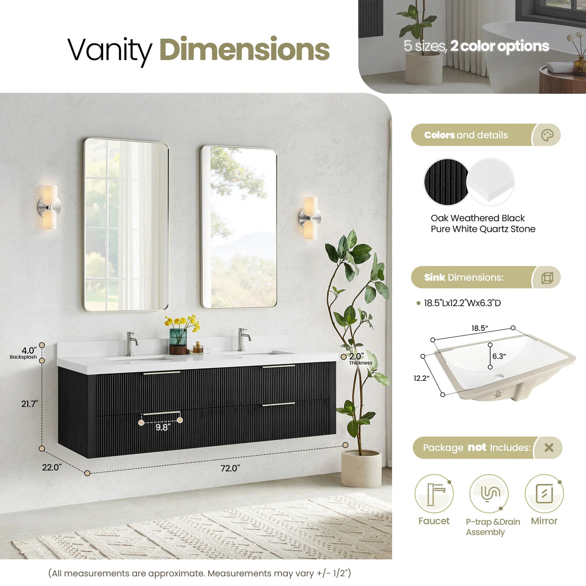 Size diagram for the Oak Weathered Black vanity listing 72.0 inch width, 22.0 depth and 21.7 height