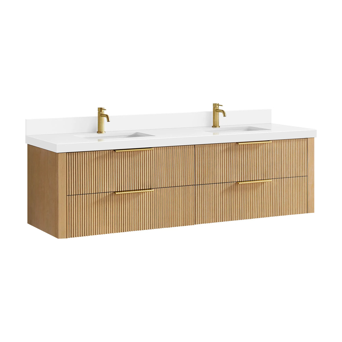 Floating Washed Ash Grey vanity on white with two gold faucets shown for styling (faucets not included)