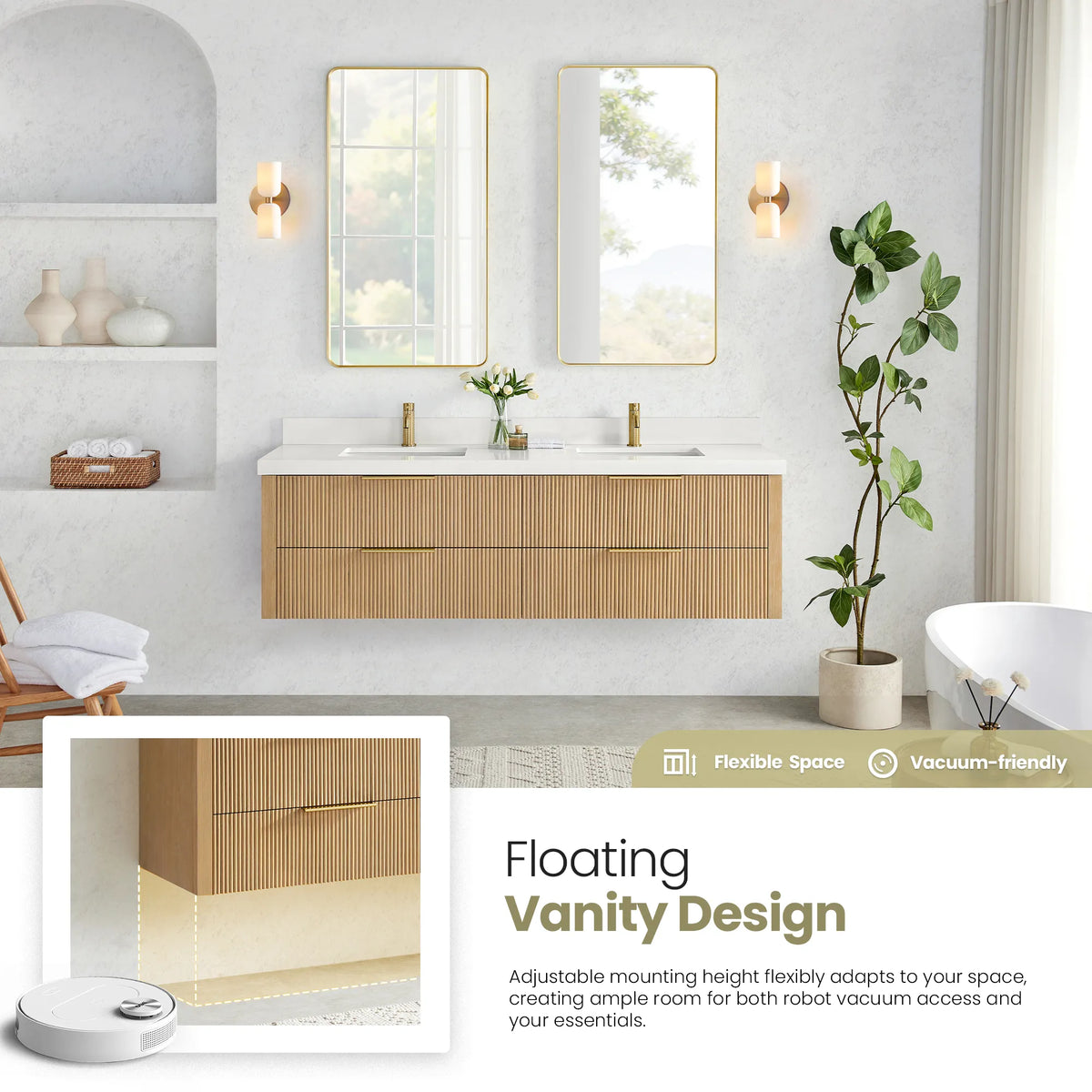 Floating 72 inch Washed Ash Grey double vanity with an inset of the clear floor space below and a robot vacuum